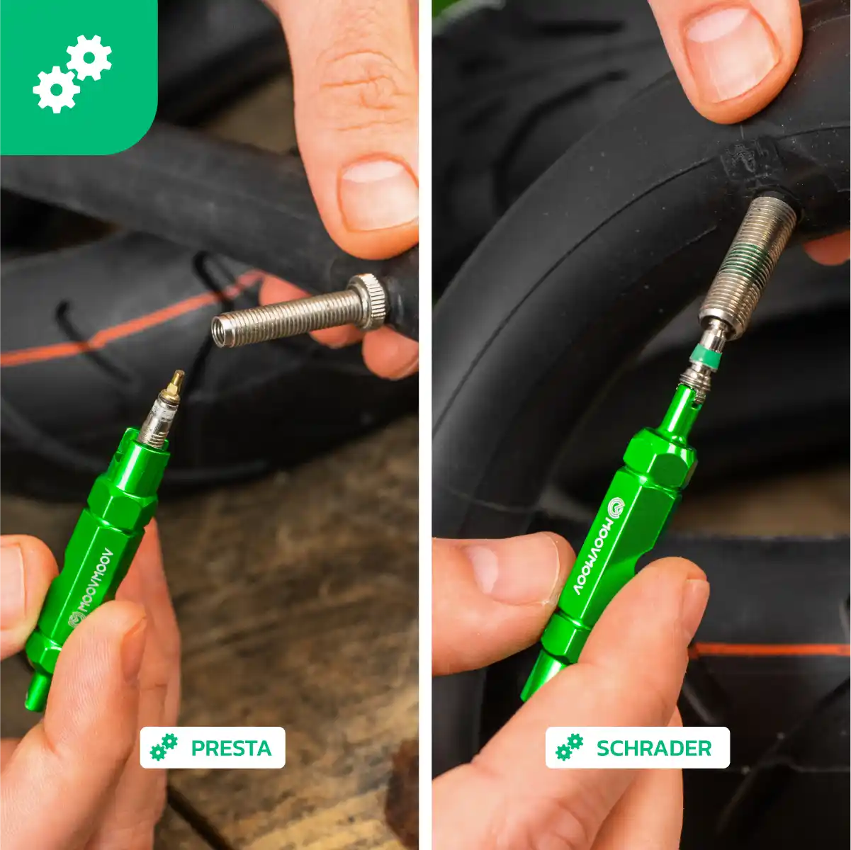 demonte obus válvula schrader y presta 54mm cámara de aire