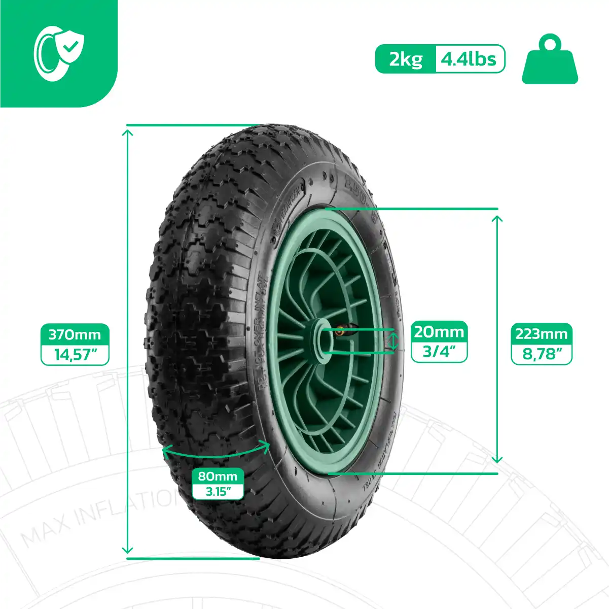 Neumático carretilla 3.50-8 llanta pvc agujero 20mm