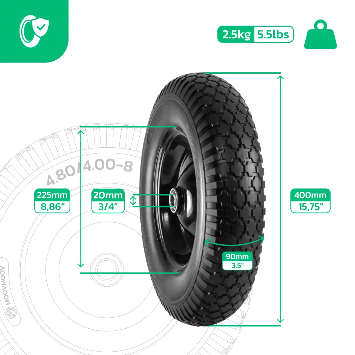 Neumático macizo 4.80/4.00-8 carretilla llanta de acero orificio 20mm