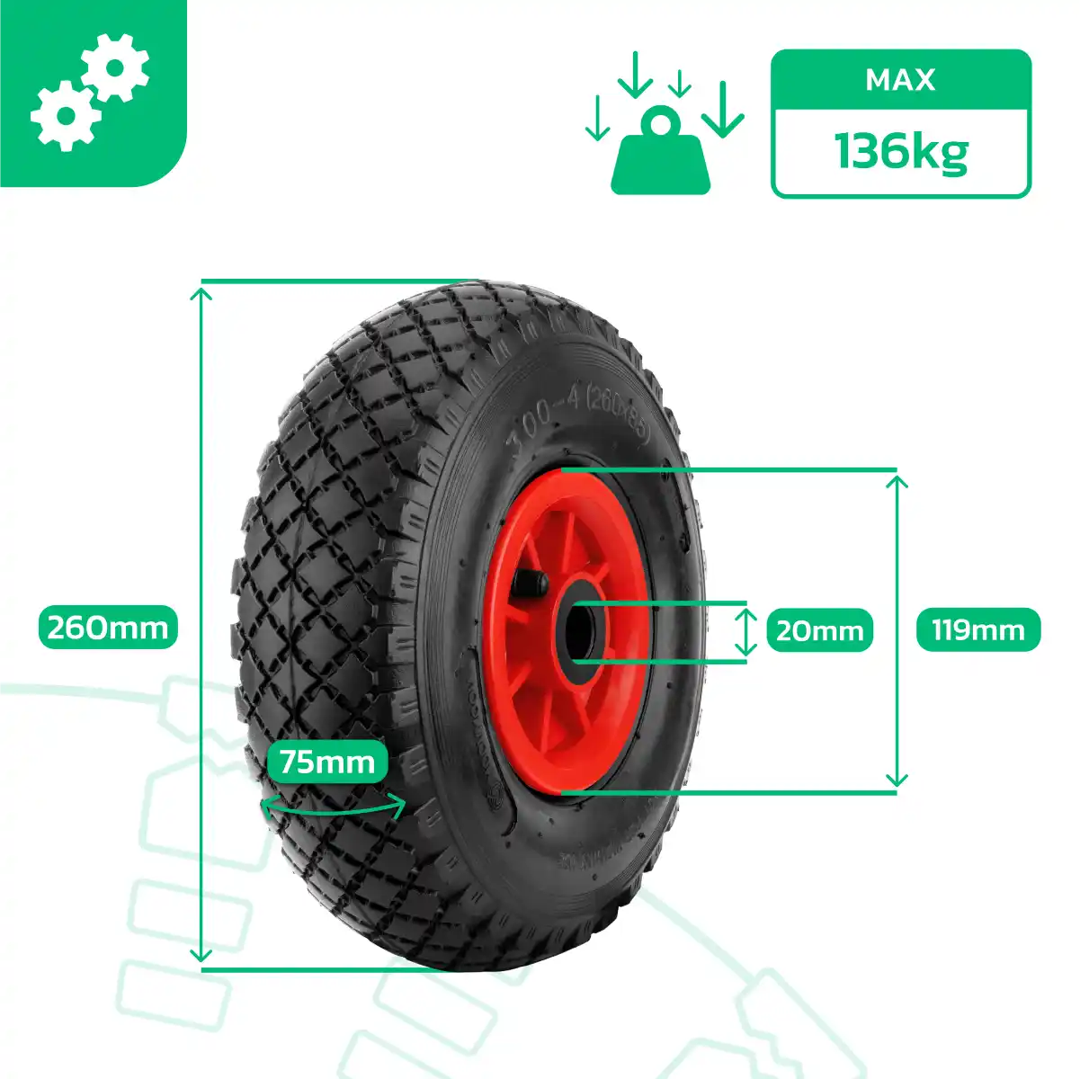 Rueda 3.00-4 llanta pvc taladro 20mm carrito de jardín