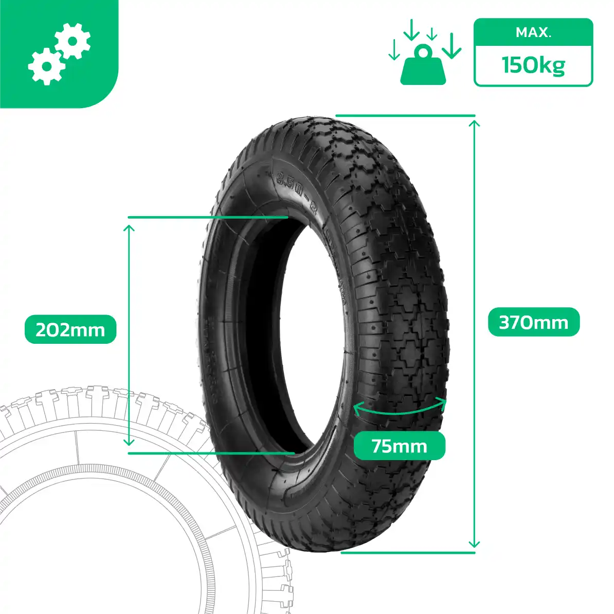Rueda 3.50-8 jardín carretilla con cámara de aire válvula recta