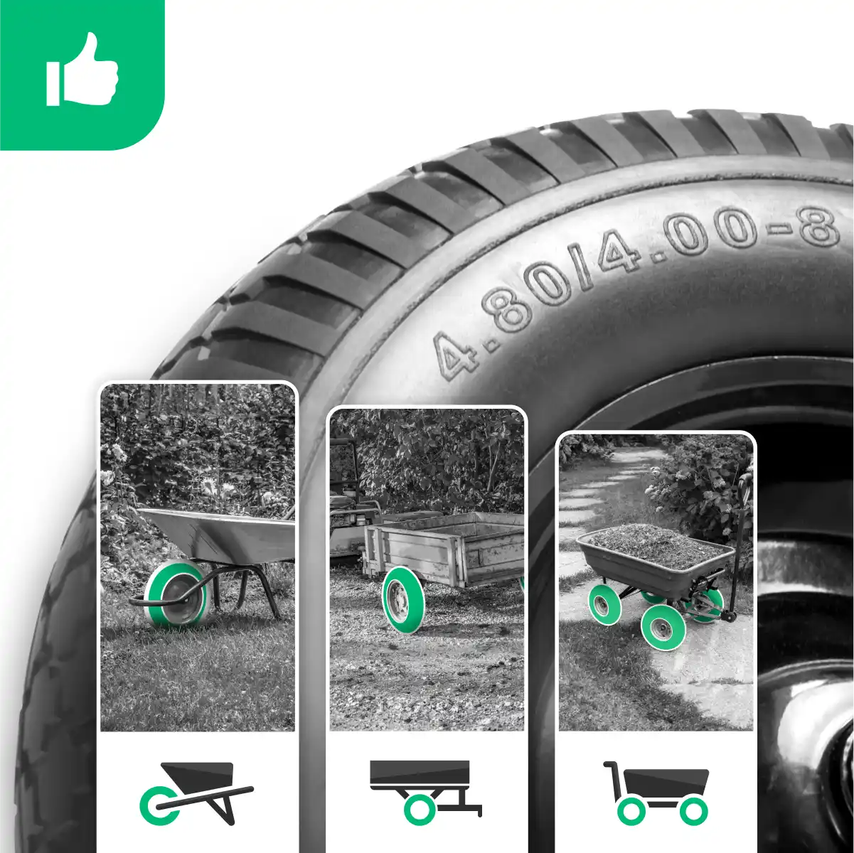 Rueda antipinchazos 4.80/4.00-8 carrito de jardín llanta de acero diámetro del orificio 20mm