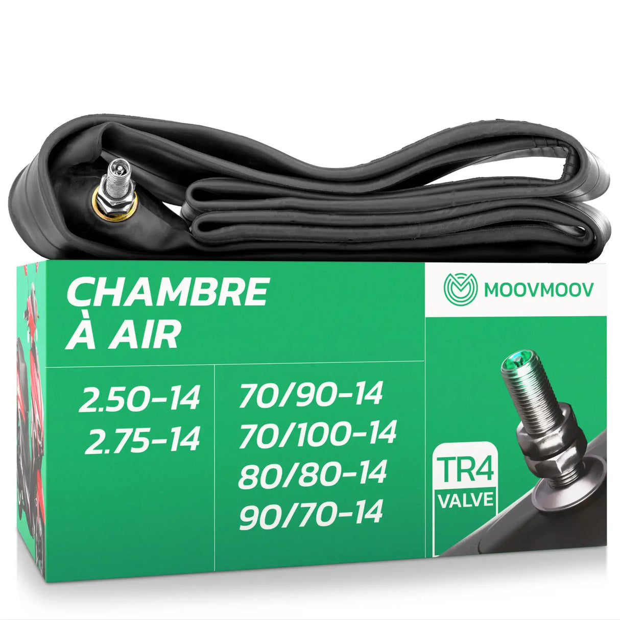Chambre à air moto 14 pouces MoovMoov pour pneus 70/90-14, 70/100-14, 80/80-14, 90/70-14, 2.50-14 et 2.75-14, valve TR4