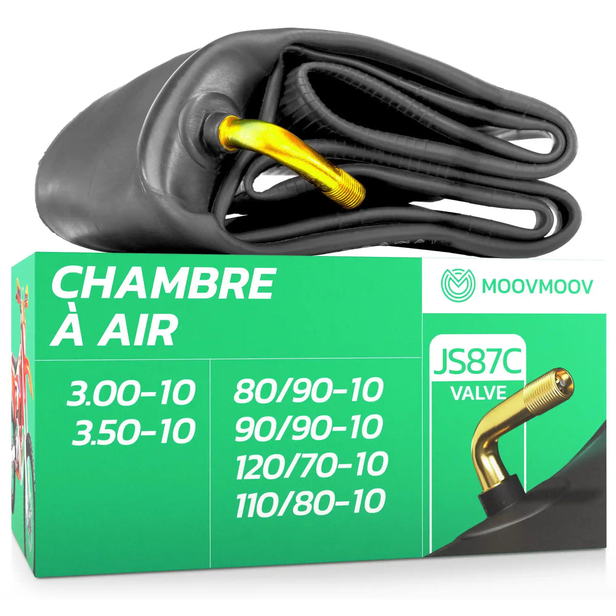 Chambre à air moto 10 pouces MoovMoov pour pneus de 80/90-10, 90/90-10, 120/70-10, 110/80-10, 3.00-10 et 3.50-10, valve JS87C