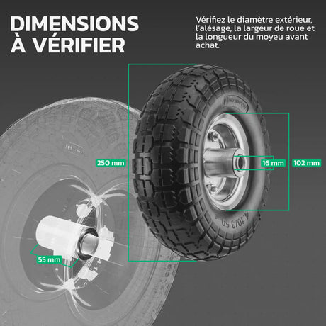Schéma des dimensions – Roues increvables 4.10/3.50-4 jante acier MoovMoov
